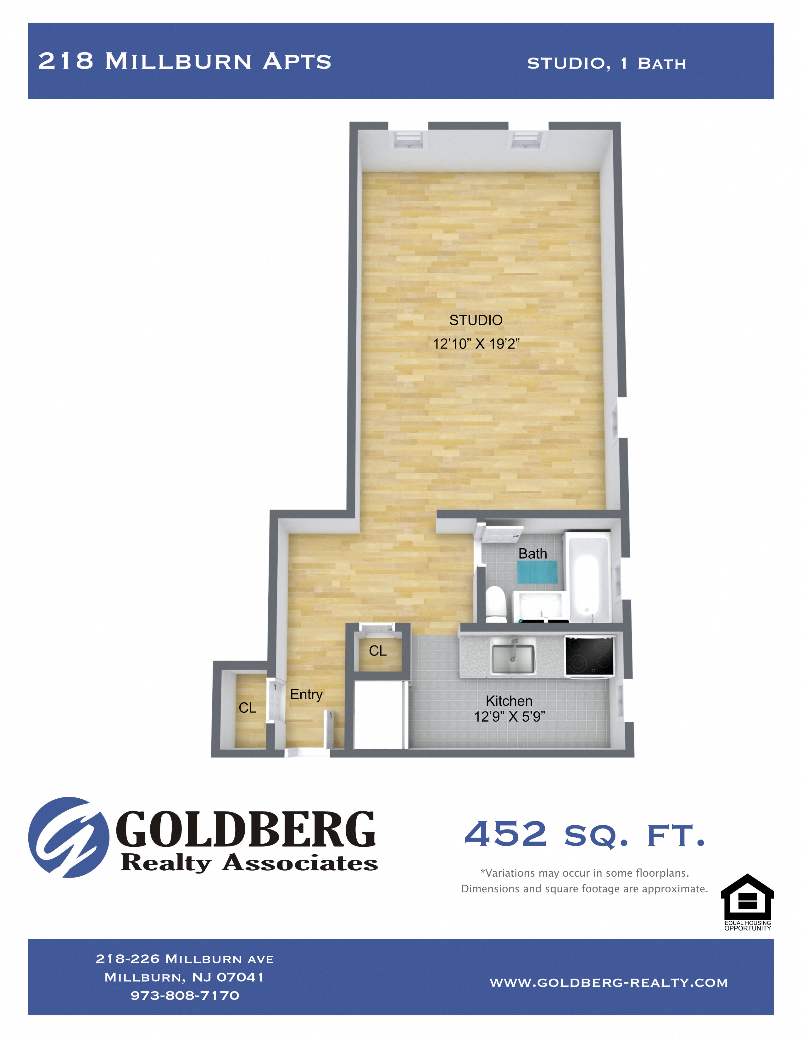 Floor plan for studio, 1 bath, 452 sqft
